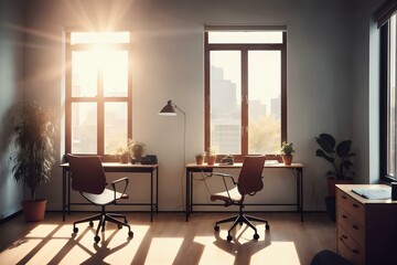 Cozy, Modern home desk office workplace with  wooden floor, bright sun light, soft shadows, and window view of the city