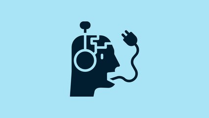 Poster - Blue Robot charging battery icon isolated on blue background. Artificial intelligence, machine learning, cloud computing. 4K Video motion graphic animation