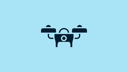 Wall Mural - Blue Drone flying icon isolated on blue background. Quadrocopter with video and photo camera symbol. 4K Video motion graphic animation