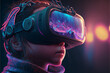 Kids and Metaverse, Child with VR headset in fantasy world, cyber world, virtual reality. The future of children, generation alpha, Metaverse, digital technology concept. Generative AI.