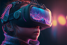 Kids And Metaverse, Child With VR Headset In Fantasy World, Cyber World, Virtual Reality. The Future Of Children, Generation Alpha, Metaverse, Digital Technology Concept. Generative AI.
