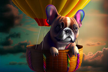 Cute French Bulldog Flies In The Basket Of A Yellow Balloon, Across The Sky, At Sunset
