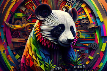 Cute Panda in Colorful Polygonal Logo. Colorful Abstract