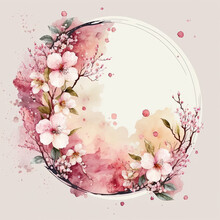 Valentine's Day Frame With Pink Watercolor Flowers. Delightful Circle Illustration With Copy-space. Generative AI.