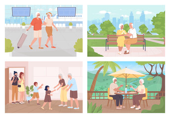 Poster - Happy aging flat color vector illustration set. Seeing grandchildren. Seniors traveling abroad. Fully editable 2D simple cartoon characters collection with landscape, interior on background