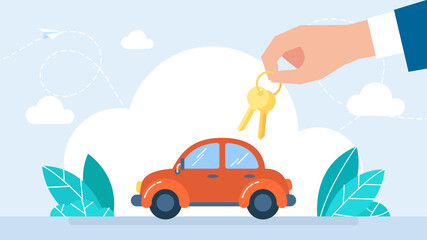 Car showroom. Purchase sale or rental car. Seller man hands over the keys of the auto owner. Buying or renting auto. People rent a car. Dealer giving keys chain to a buyer hand. Flat illustration