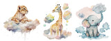 Fototapeta Fototapety na ścianę do pokoju dziecięcego - Safari Animal set elephant, giraffe and lion are sitting on the clouds in watercolor style. Isolated vector illustration