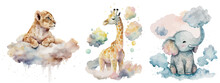 Safari Animal Set Elephant, Giraffe And Lion Are Sitting On The Clouds In Watercolor Style. Isolated Vector Illustration