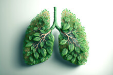 Human Lungs Made With Fresh Green Plant Leaves And Herbs On White Background. Generative AI