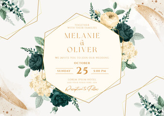 Background wedding invitation template set with emerald green floral and leaves decoration