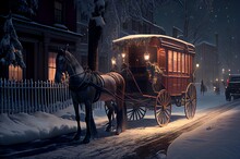 Snow Covered Street With Christmas Lights And Horse Drawn Carriage Made With Generative Ai, Travel