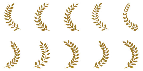 Set of gold silhouette tree branches with laurel leaves, gold silhouette laurel leaves foliate, wheat, oak and olive wreaths, achievement, heraldry, nobility, Vector illustration.