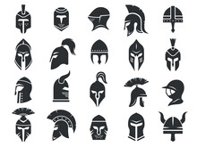 Ancient Helmets. Medieval Warrior Knight Helm Armor, Black Silhouettes Of Gladiator Viking Crusader Spartan Headgear Protection. Vector Isolated Set