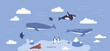 Antarctica, polar landscape. Antarctic pole fauna, marine animals in sea, ocean water, on island. Cute penguins, seals, whales in arctic nature. Childish Scandinavian flat vector illustration