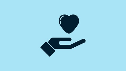 Poster - Blue Heart in hand icon isolated on blue background. Hand giving love symbol. Valentines day symbol. 4K Video motion graphic animation