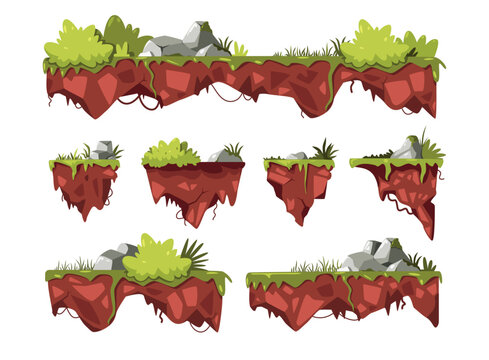 Game flying ground. Cartoon platforms with green grass bushes rocks hanging in air, floating pieces of fantasy landscape for game asset. Vector set