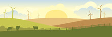 Abstract Rural Landscape With Cows And Wind Generator. Vector Illustration, Fields, Meadows And Windmill.
