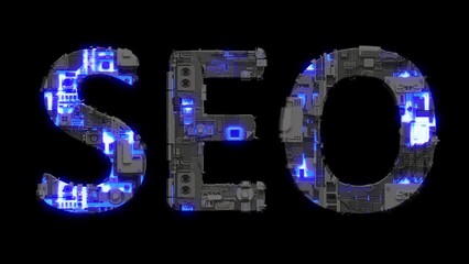 Poster - scrap metal cyberpunk text SEO with electrical light and animated surface, isolated - loop video