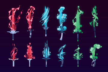 Glowing gaming swords. Magic fantasy shiny warrior weapon for game UI asset, medieval cartoon blade kit with fire flame neon blue light. Vector set