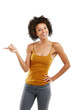 Studio shot of an attractive young woman pointing towards something Isolated on a PNG background.