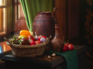 Wall Mural - Still life with basket of ripe vegetables