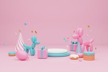 Festive Background. Pastel Pink And Blue Cake, Balloons, Gift Boxes On Light Pink Background. 3D Rendering