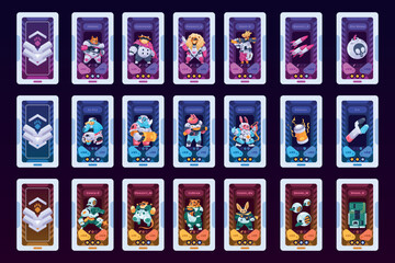 Card game characters. Cartoon deck with fantasy warrior animals, UI decorative frame with funny mascots for RPG sprite game asset. Vector colorful set