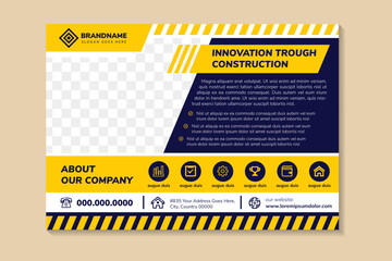 Poster - flyer template design with headline is innovation trough construction. space of photo collage and text. Advertising banner with horizontal layout. yellow and white element in blue bright background.
