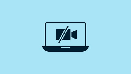 Poster - Blue Video camera Off on laptop screen icon isolated on blue background. No video. 4K Video motion graphic animation