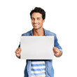 © peopleimages.com - A handsome young man holding a placard Isolated on a PNG background.