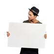© peopleimages.com - A handsome young man holding a placard Isolated on a PNG background.