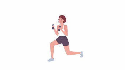 Poster - Animated dumbbell lunges workout. Lower body exercise. Barbell training program. Increasing balance. Full body flat character animation on white background. Colorful cartoon style 4K video footage