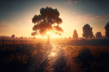 Sticker - Beautiful sunset over a field feature vibrant hues of orange over the sky as the sun dips. The fields would be bathed in a golden light