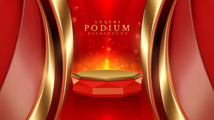 Wall Mural - Red color podium with ribbon elements and gold lines with glitter light effect decoration and bokeh.