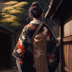 Wall Mural - Back view of a Japanese woman with Kimono. Generative AI.