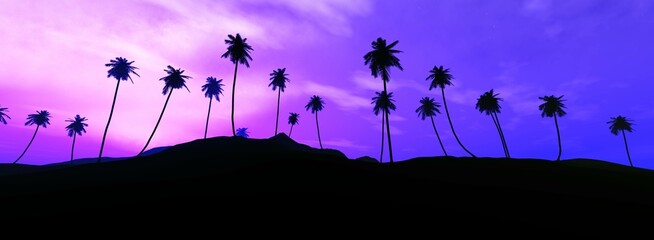 Canvas Print - Desert landscape with palm trees against sunset sky, 3d rendering