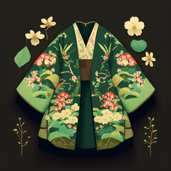 Wall Mural - Japanese kimono on a black background. Generative AI.