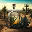 Bottle of tequila next to an Agave field. Generative AI.
