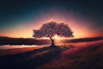 Canvas Print - The cherry blossom tree stood tall against the orange and pink hues of the setting sun