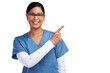 © peopleimages.com - Portrait of a young doctor wearing glasses and scrubs, pointing to her left Isolated on a PNG background.