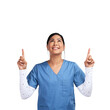 © peopleimages.com - A doctor wearing scrubs pointing up Isolated on a PNG background.