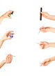 © Olga - hand holders various manicure tools, nail polish and cuticle oil, on white background, copy space
