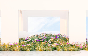 Aufkleber - Spring floral installation scene with geometric arch form. 3d rendering.