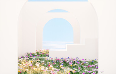 Leinwandbilder - Spring floral installation scene with geometric arch form. 3d rendering.