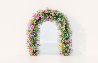 Aufkleber - Spring floral installation scene with geometric arch form. 3d rendering.