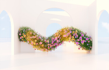 Aufkleber - Spring floral installation scene with geometric arch form. 3d rendering.