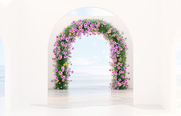 Aufkleber - Spring floral installation scene with geometric arch form. 3d rendering.