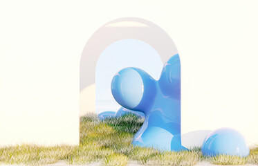 Fototapete - Spring summer landscape scene with colorful 3d geometric liquid form installation.