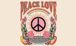 Flower and butterfly artwork design. Peace love. Peace sign with sun graphic print design for t-shirt. Positive vibes.
