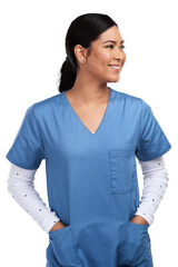 A young doctor standing with her hands tucked into her scrubs Isolated on a PNG background.